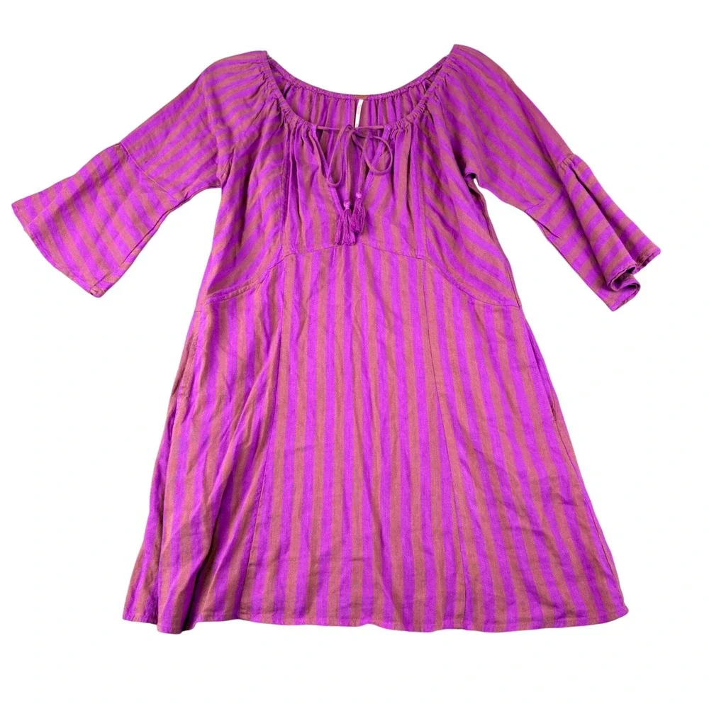 Free People XS Purple Folk Town Striped Linen Blend Tunic Dress Tassel Pockets